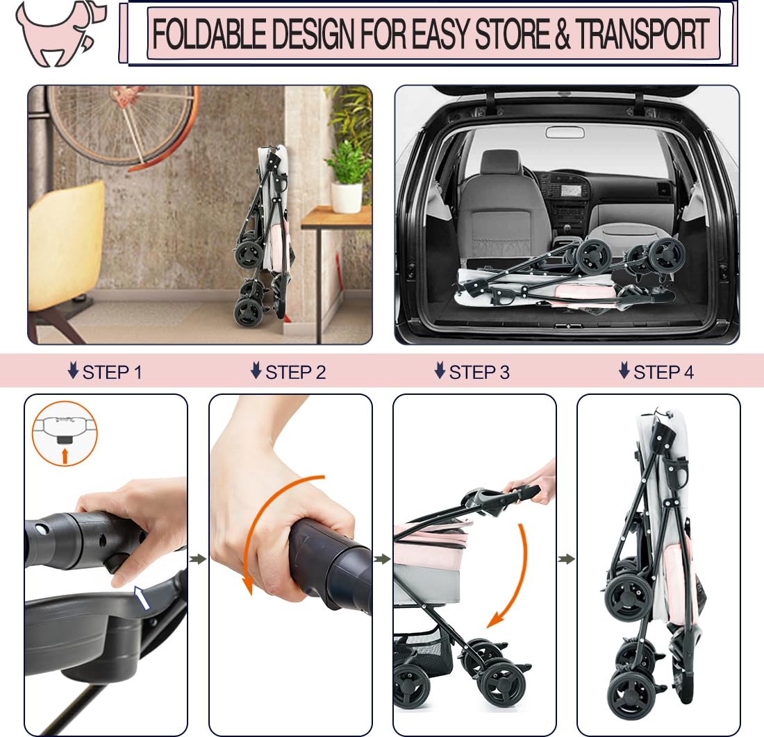Pink Gray Pet Stroller with Detachable Carrier I8846