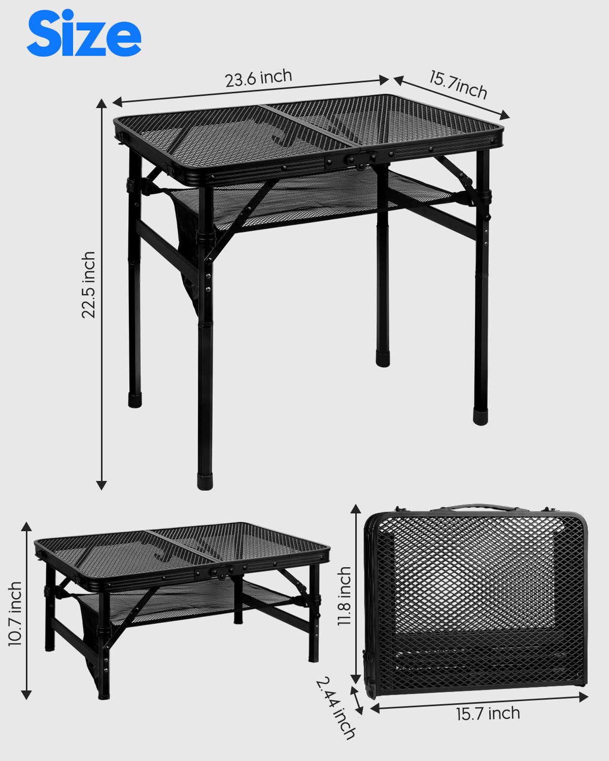 Folding Height Adjustable Aluminum Grill Table with Mesh Desktop and Mesh Bag, Black, 23.6×15.7 inch L458171