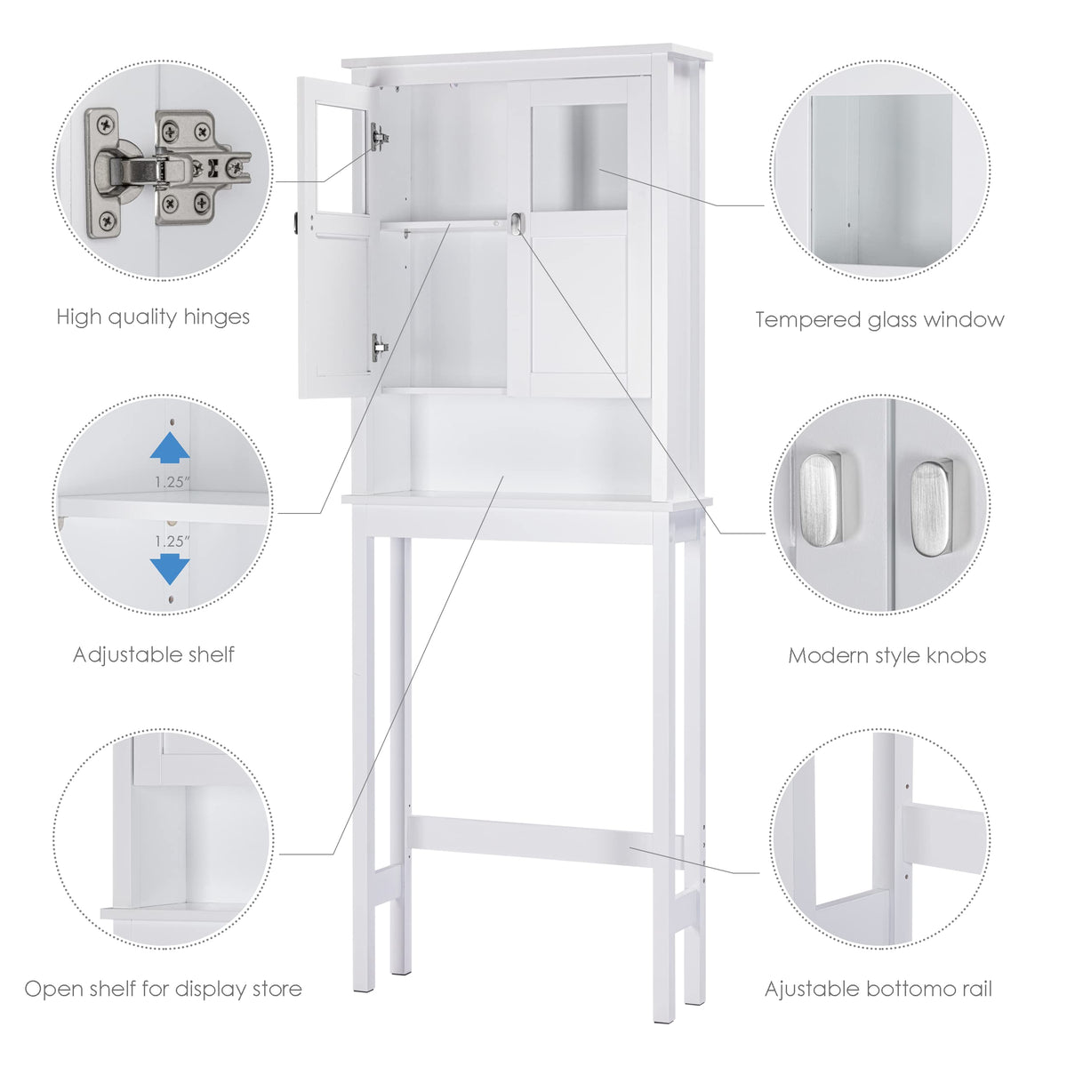 White Over the Toilet Storage Cabinet with Glass Doors C75761