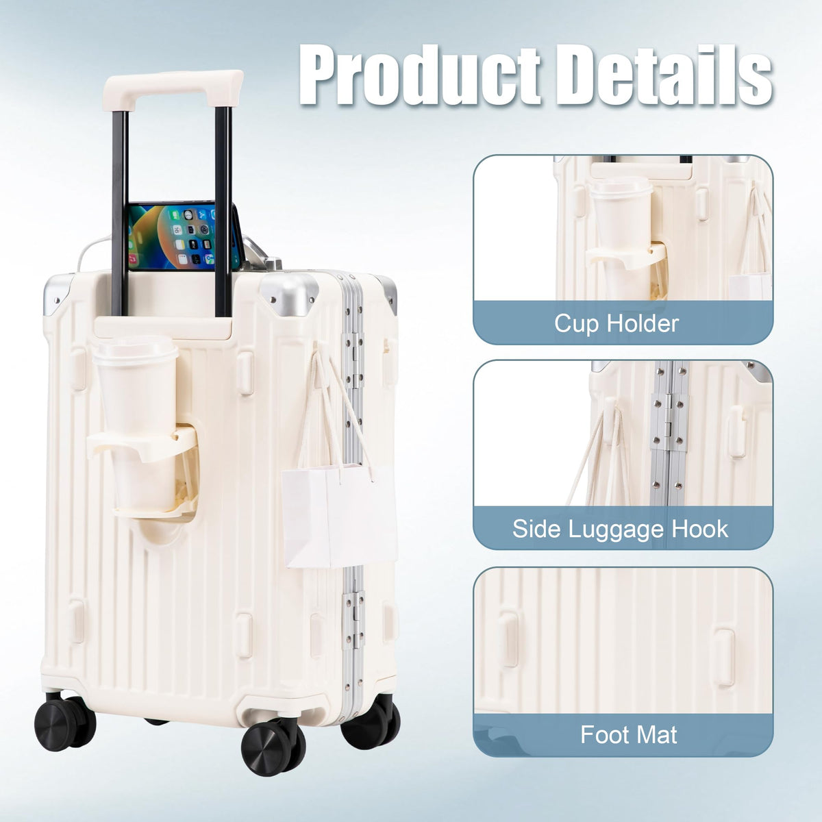 20 Inch White ABS Hardside Spinner Luggage with USB Port D149