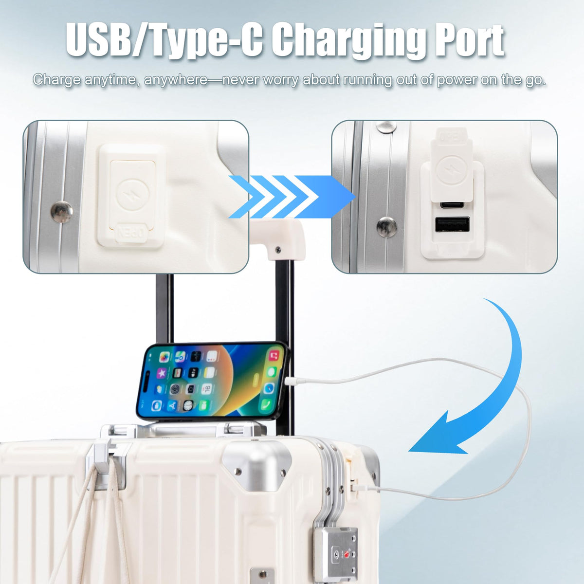 20 Inch White ABS Hardside Spinner Luggage with USB Port D149