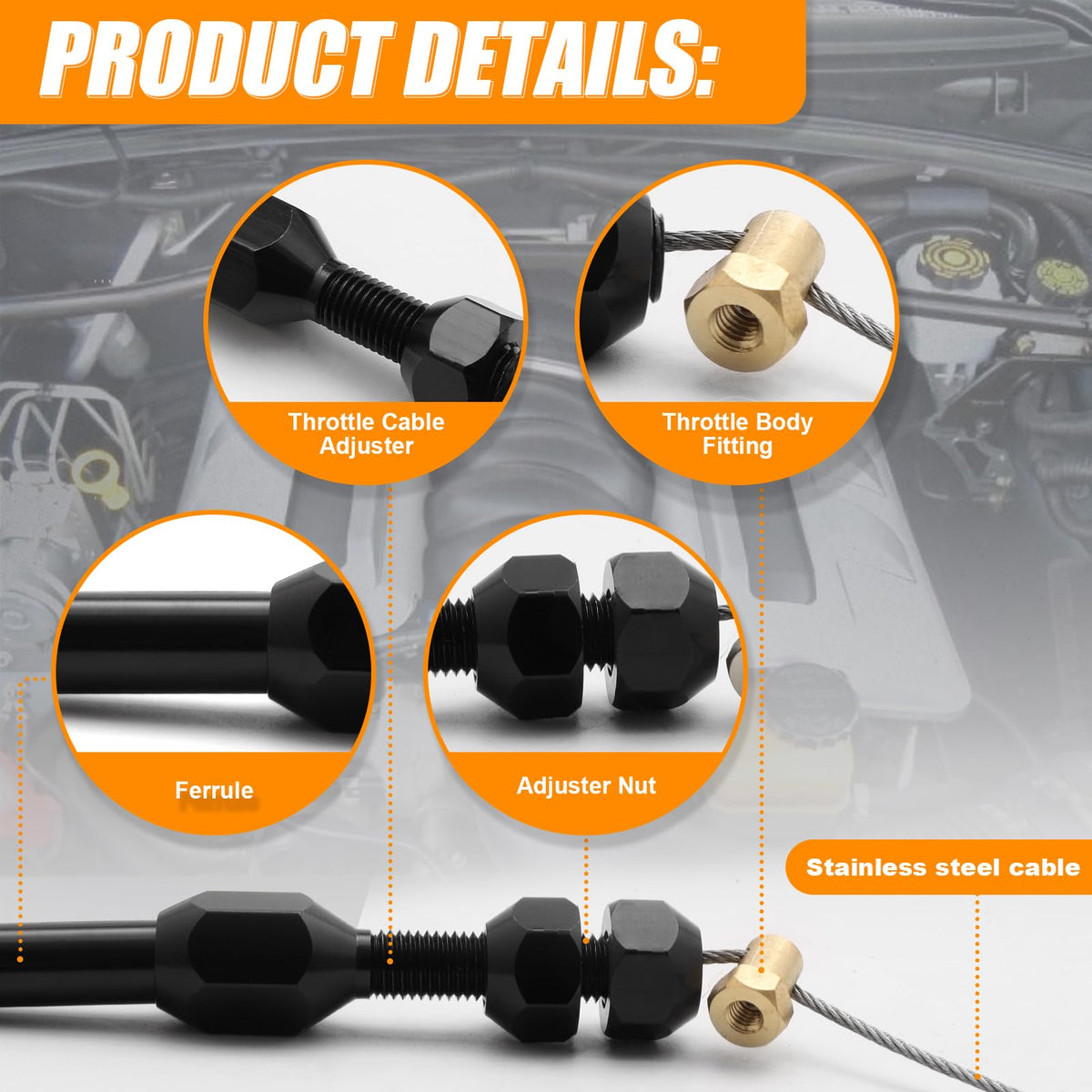 36-Inch LS Throttle Cable Stainless Steel Braided B237076