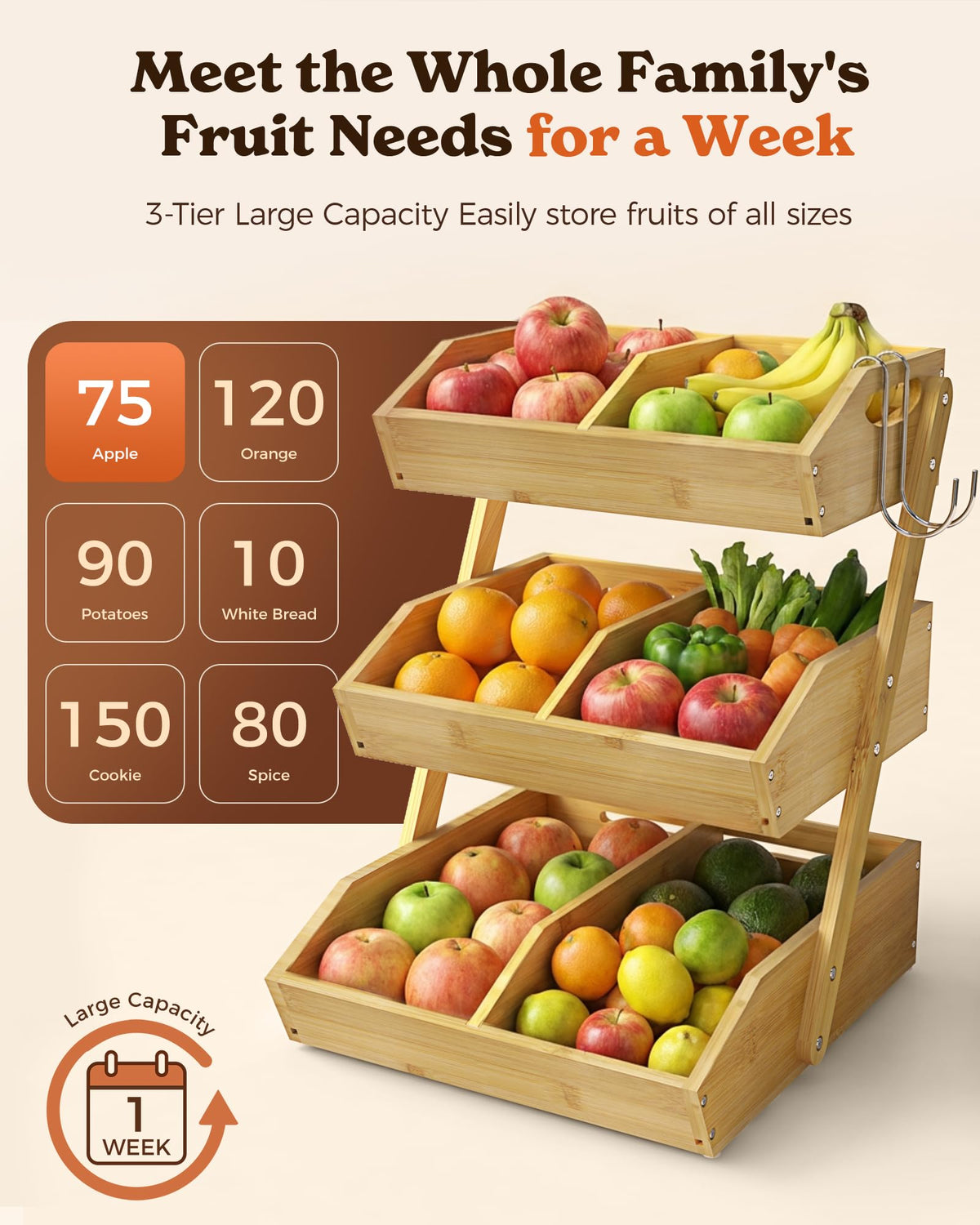 3-Tier Bamboo Fruit Basket with 2 Banana Holders R394