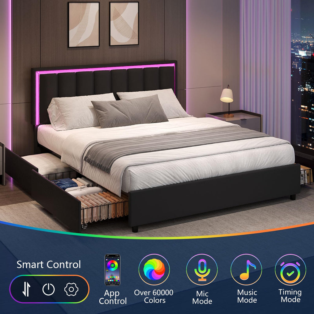 Black Full Size Upholstered Bed Frame with 4 Drawers and LED Lights V978