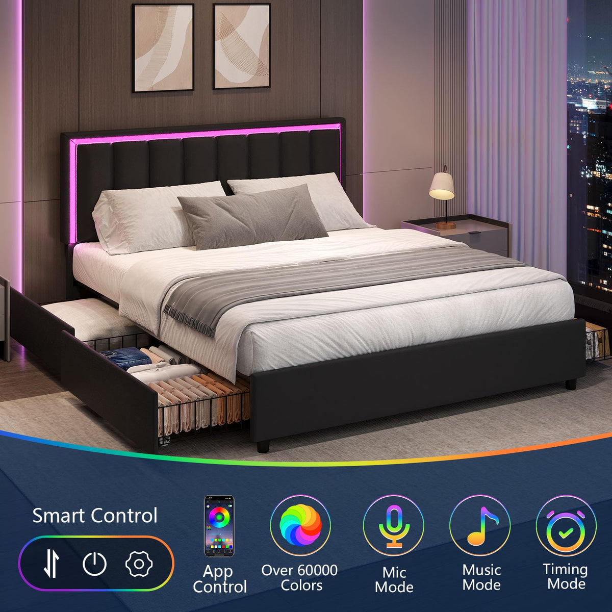 Black Full Size Upholstered Bed Frame with 4 Drawers and LED Lights V978