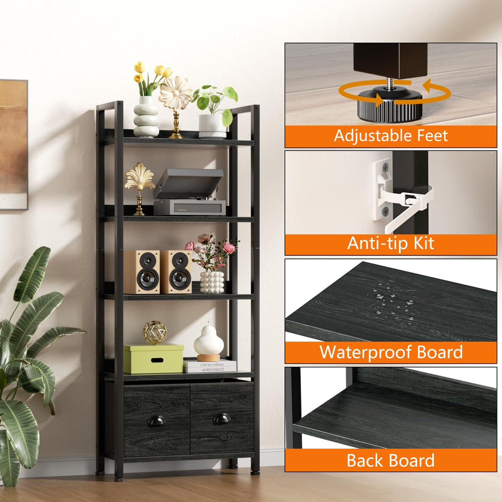 5-Tier Black Oak Bookshelf with 2 Storage Drawers B8306