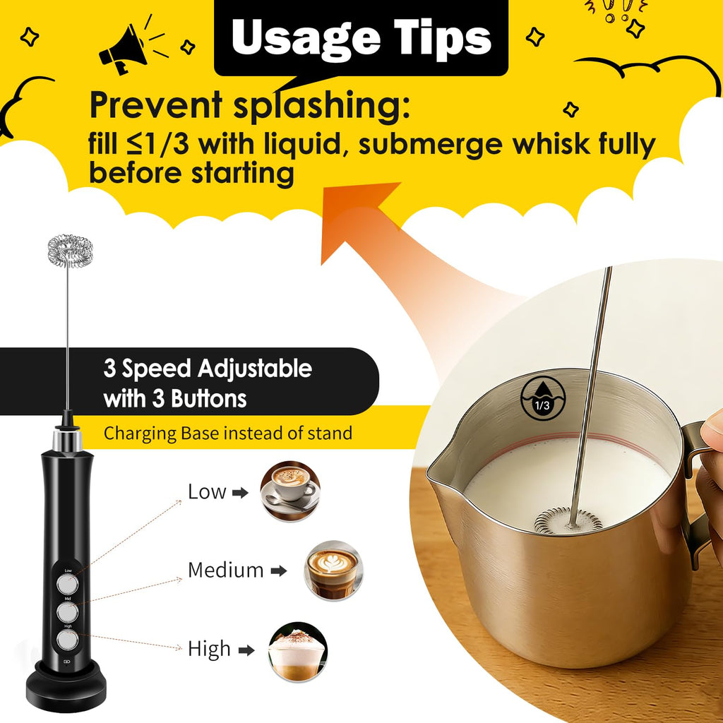 Rechargeable Handheld Milk Frother with 3 Stainless Steel Whisks R56880