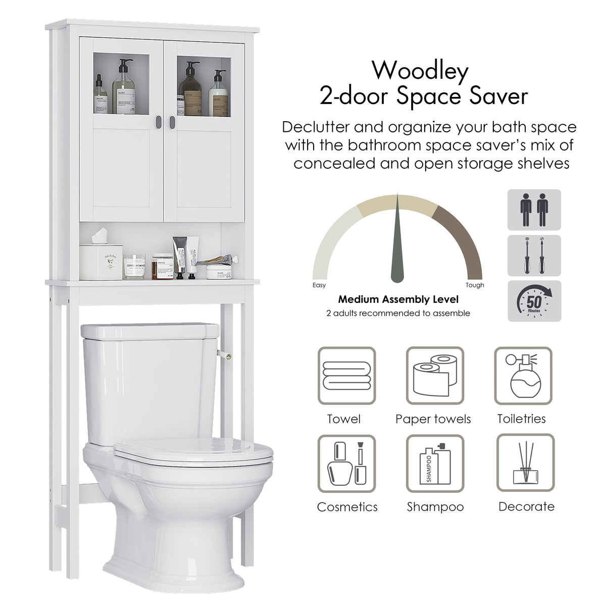 White Over the Toilet Storage Cabinet with Glass Doors C75761