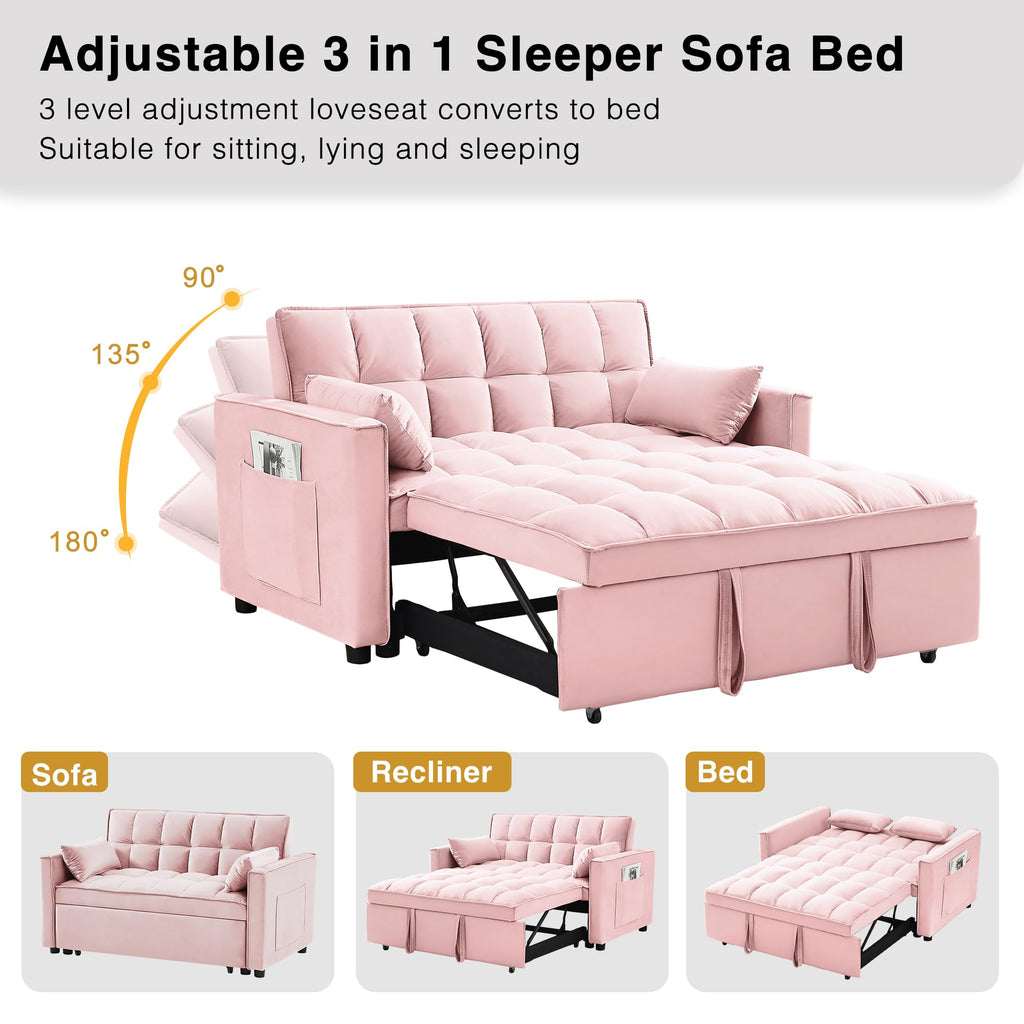 3 in 1 Convertible Sleeper Sofa Bed Velvet Pink S6397