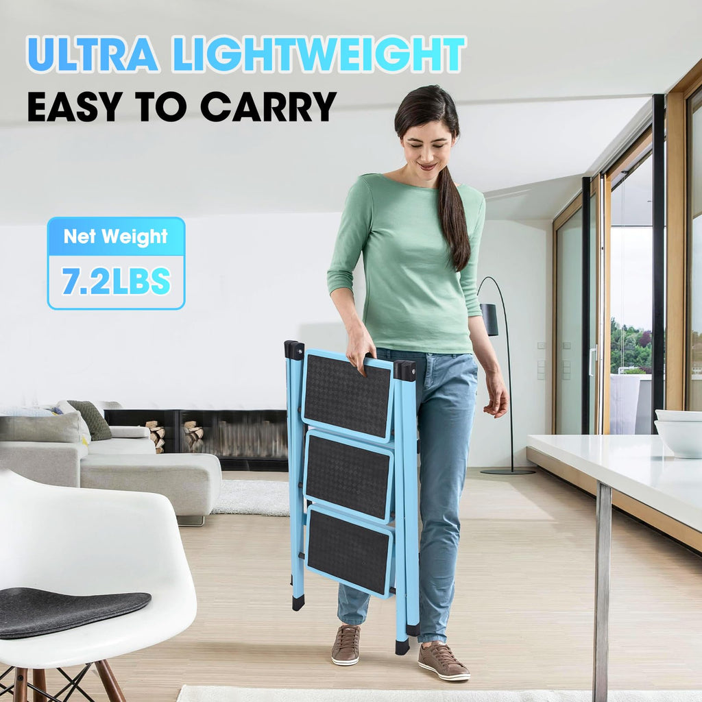 Folding Aluminum 3 Step Ladder 330 LBS Capacity Blue T1019