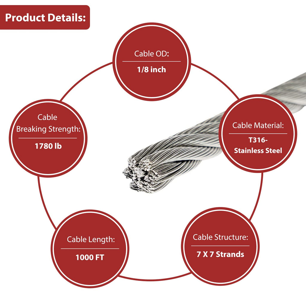 1/8 T316 Stainless Steel Cable 1000FT F713445