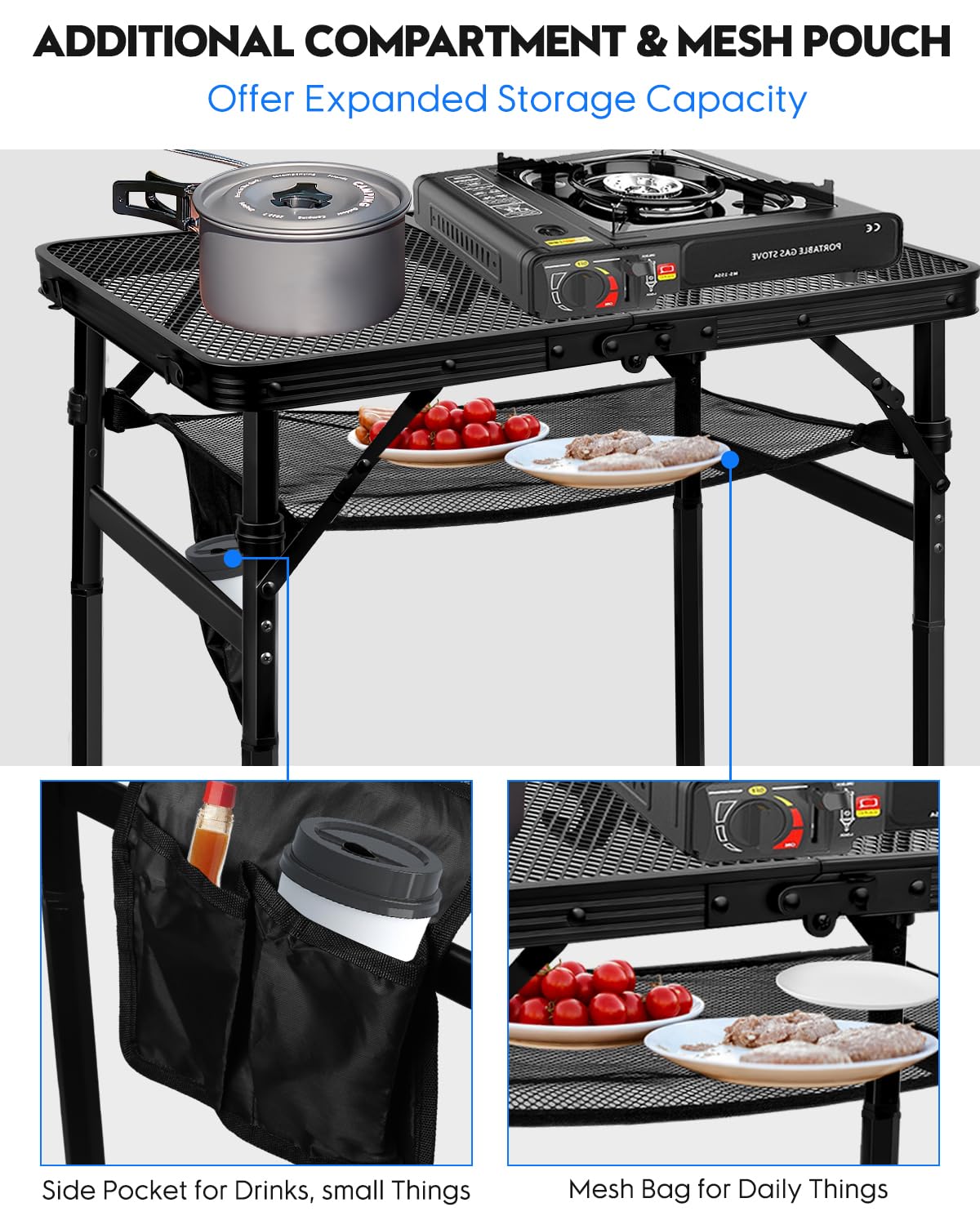 Folding Height Adjustable Aluminum Grill Table with Mesh Desktop and Mesh Bag, Black, 23.6×15.7 inch L458171
