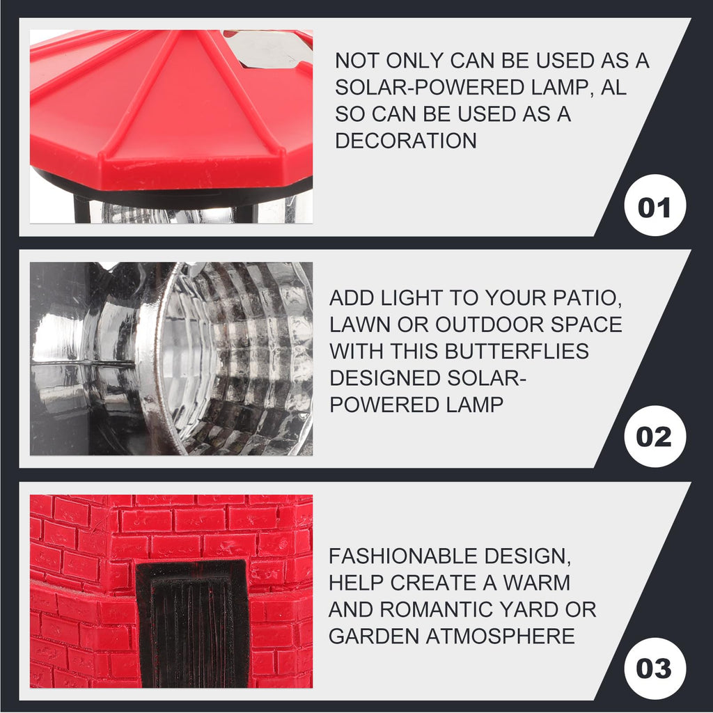 Solar Powered Rotating Lighthouse Figurine Red Resin Metal Landscape Light with LED K583778