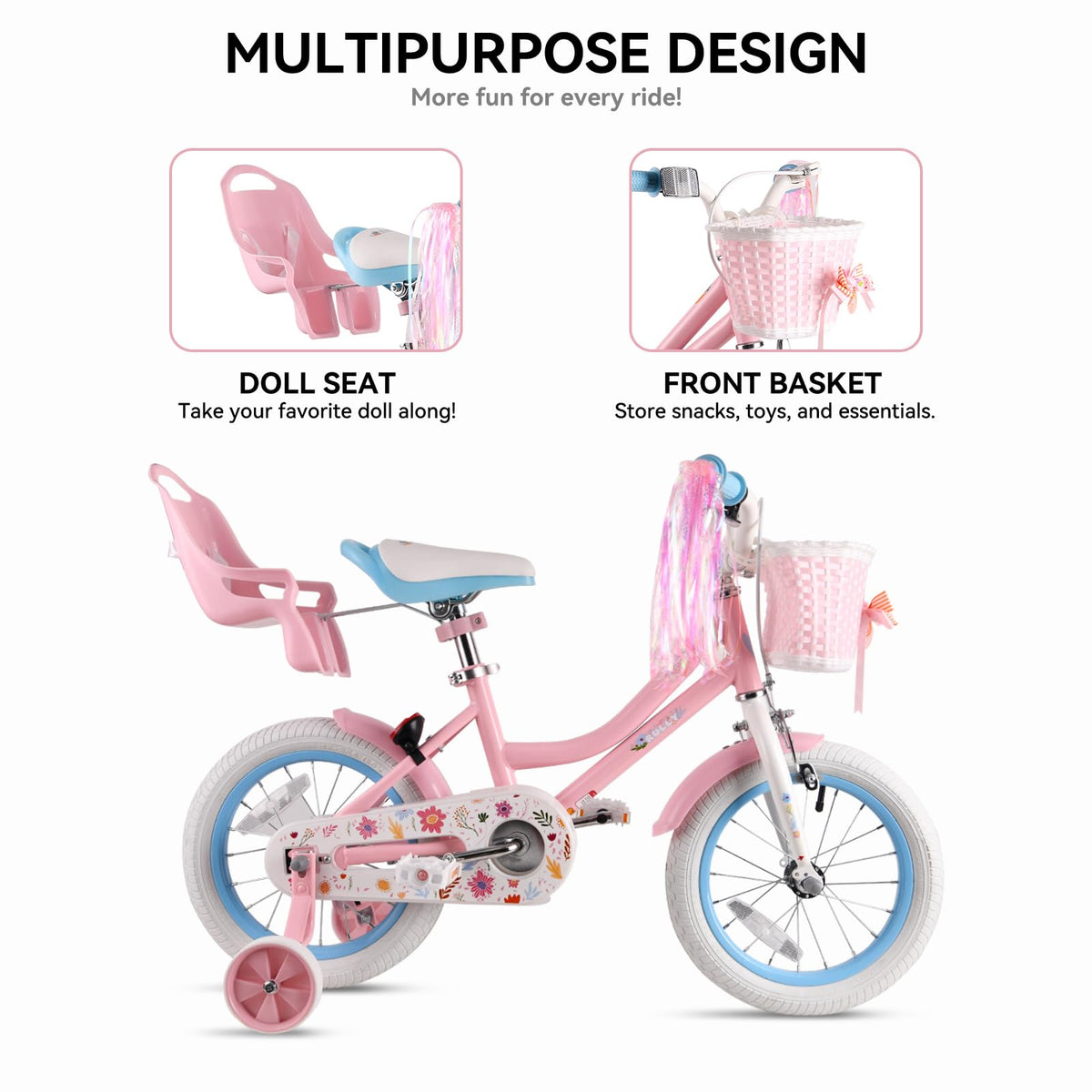 12 14 16 Inch Girls Bike with Training Wheels, Basket & Doll Seat R65741