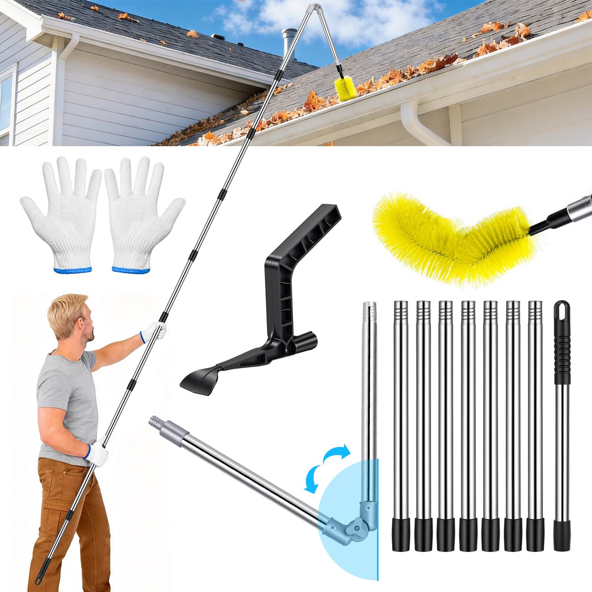 13FT Adjustable Gutter Cleaning Brush Kit with Shovel W841