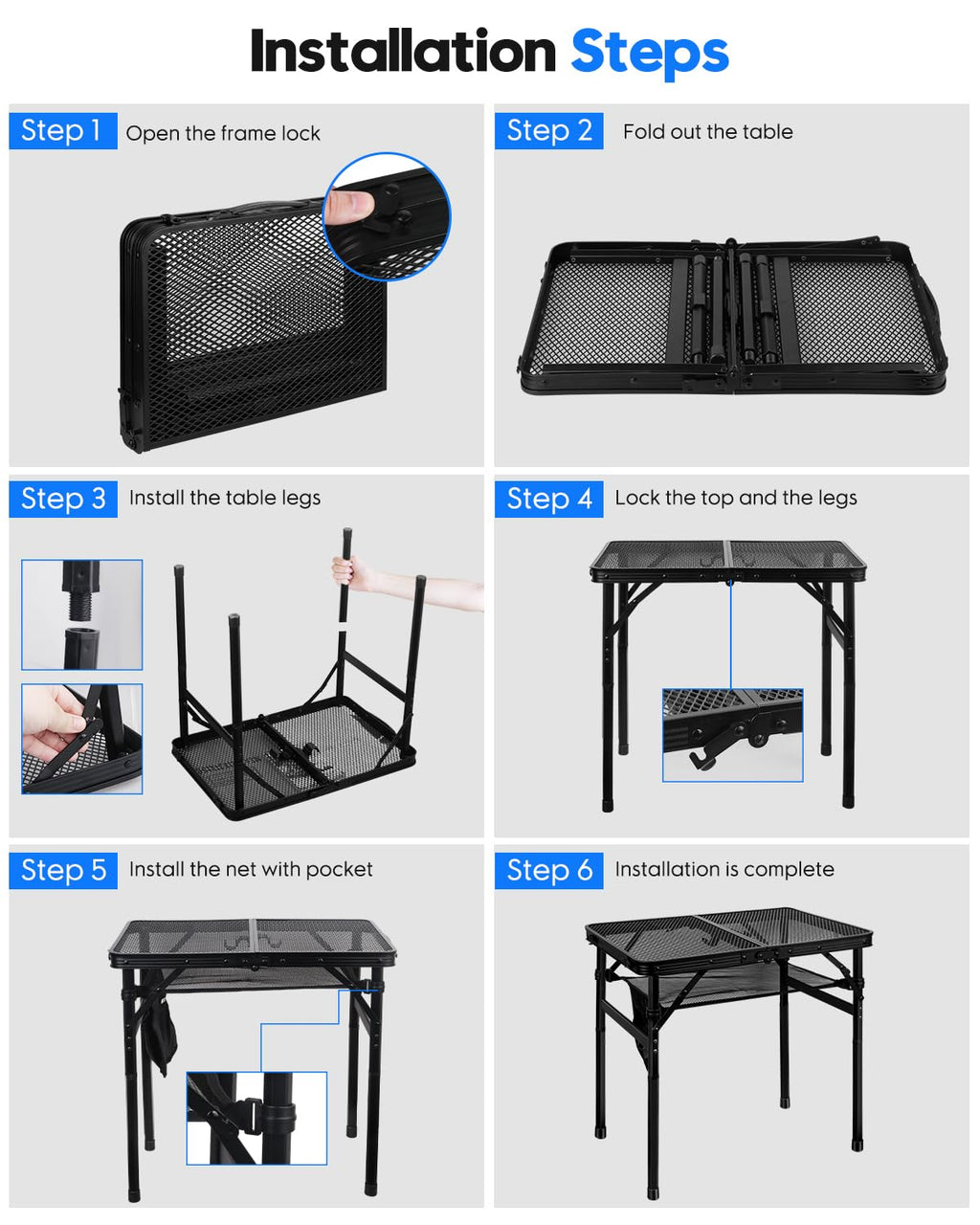 Folding Height Adjustable Aluminum Grill Table with Mesh Desktop and Mesh Bag, Black, 23.6×15.7 inch L458171