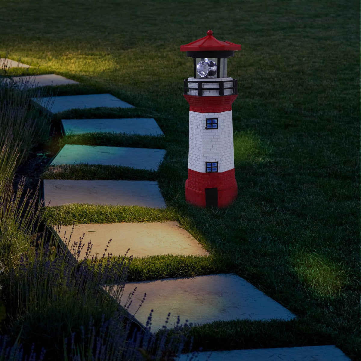 Solar Powered Rotating Lighthouse Figurine Red Resin Metal Landscape Light with LED K583778