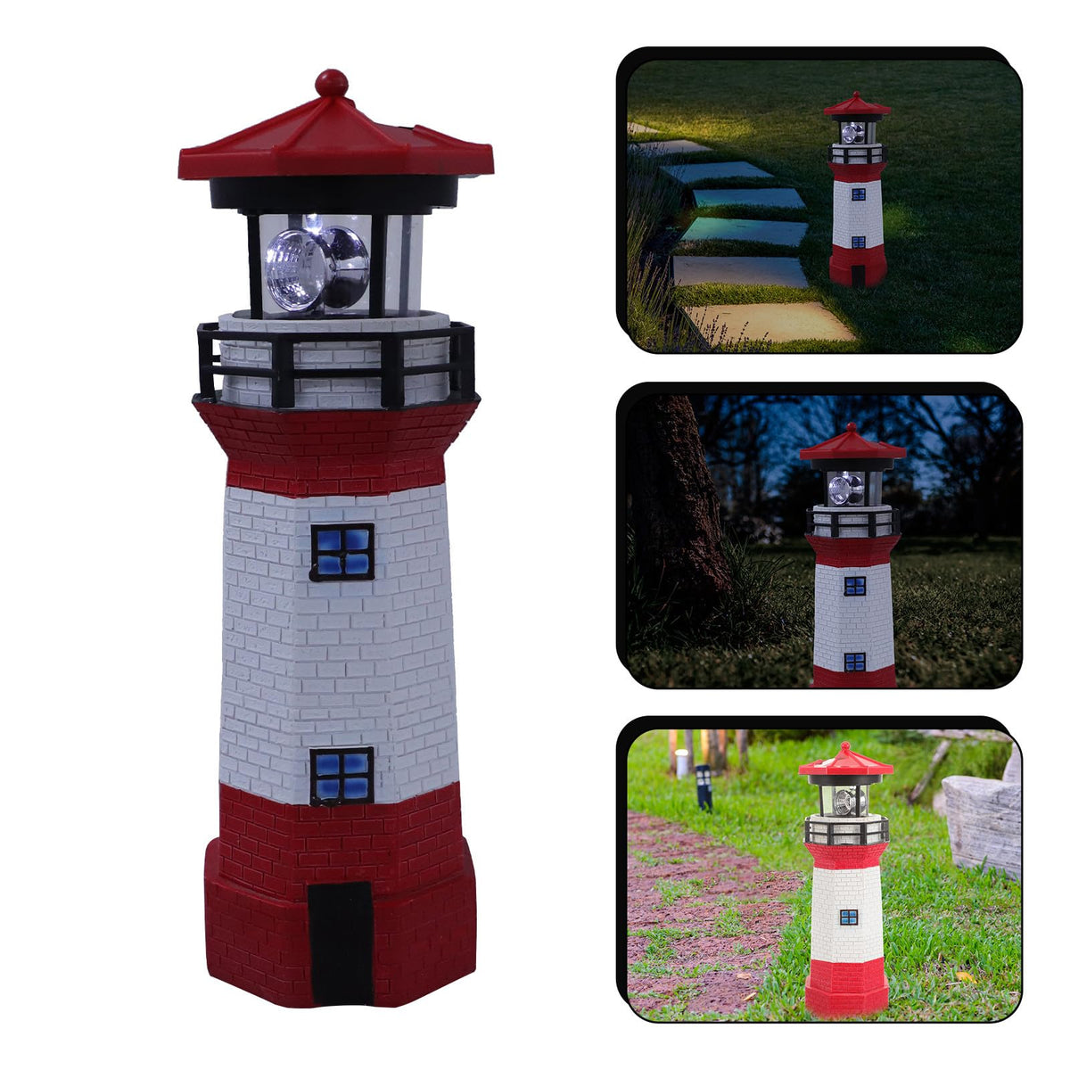 Solar Powered Rotating Lighthouse Figurine Red Resin Metal Landscape Light with LED K583778