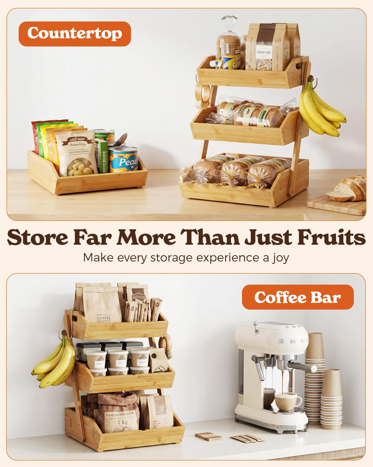 3-Tier Bamboo Fruit Basket with 2 Banana Holders R394