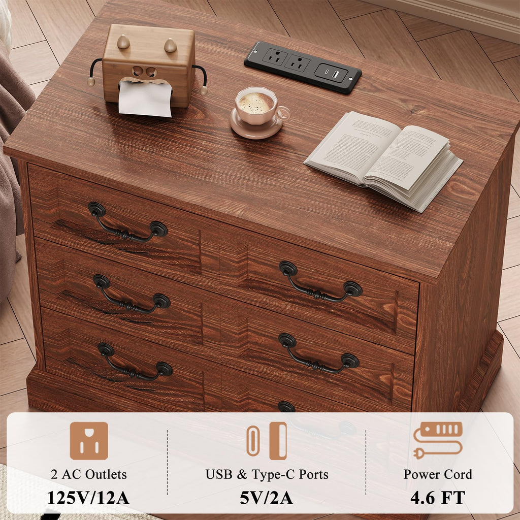 Cherry Wood Nightstand with Charging Station Y968669