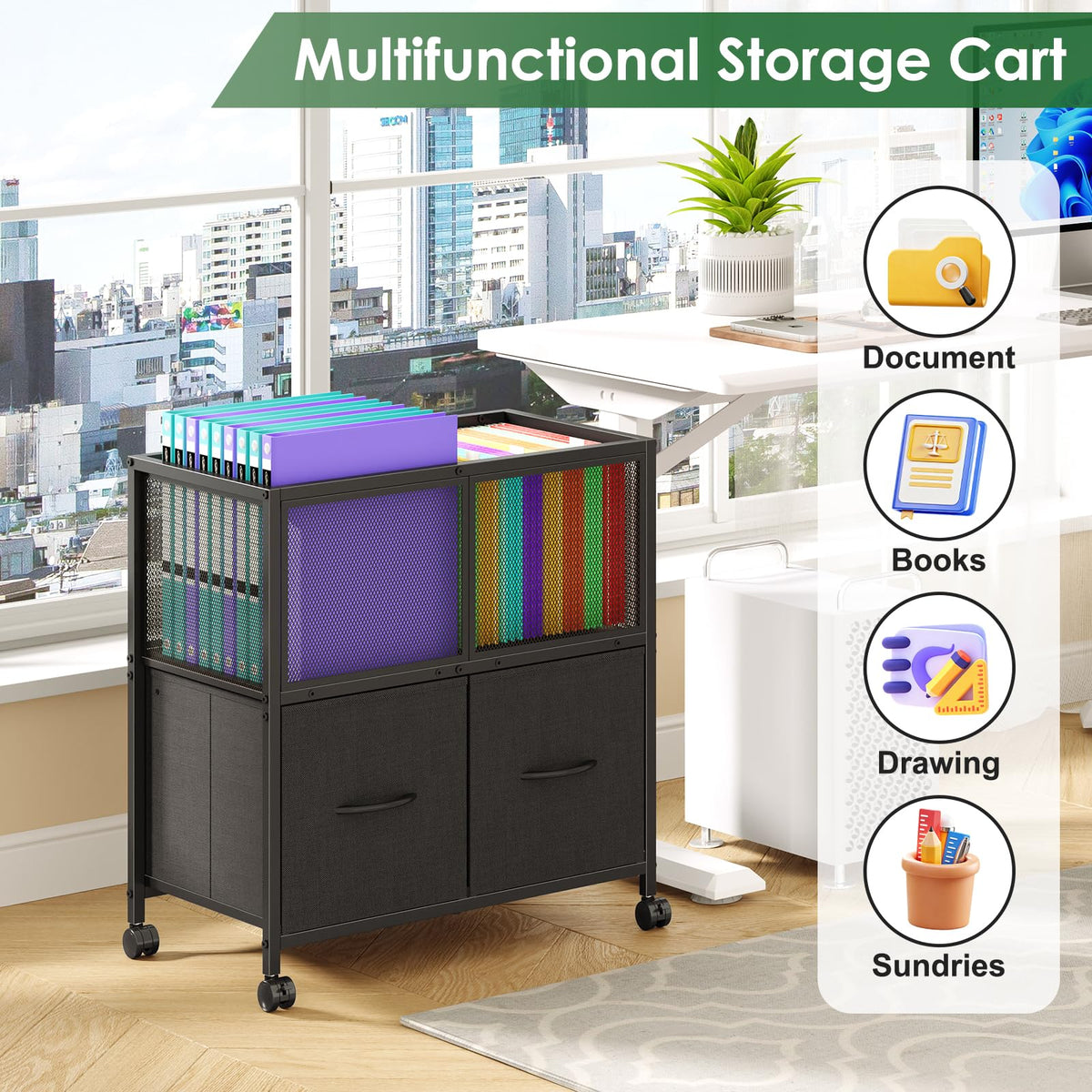 Rolling File Cart with 2 Fabric Drawers J230862