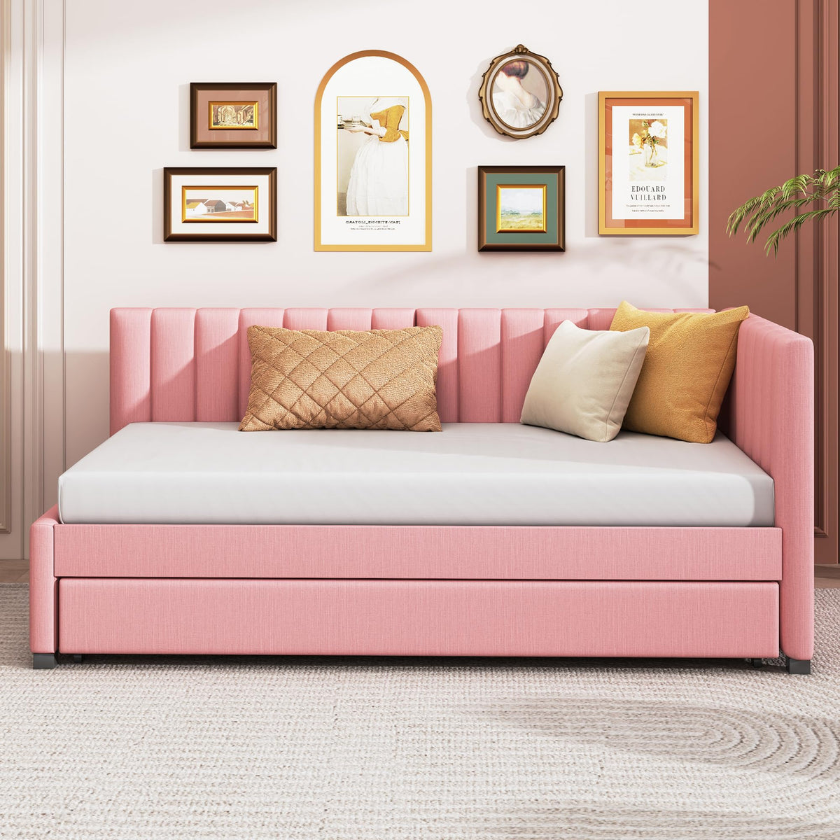 Pink Linen Fabric Twin Size Daybed with Trundle I98301