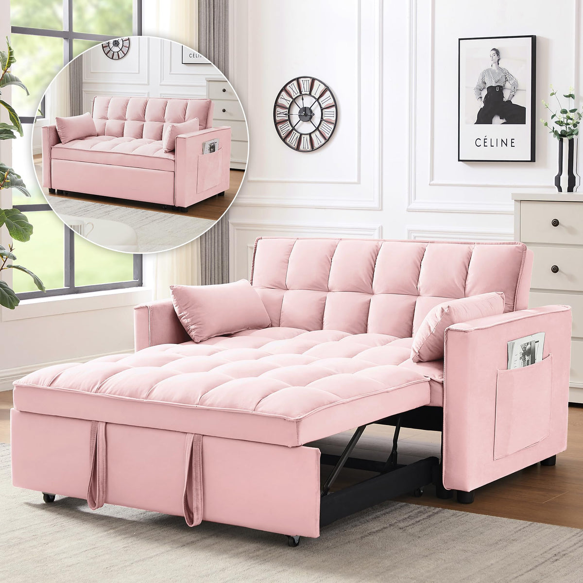 3 in 1 Convertible Sleeper Sofa Bed Velvet Pink S6397