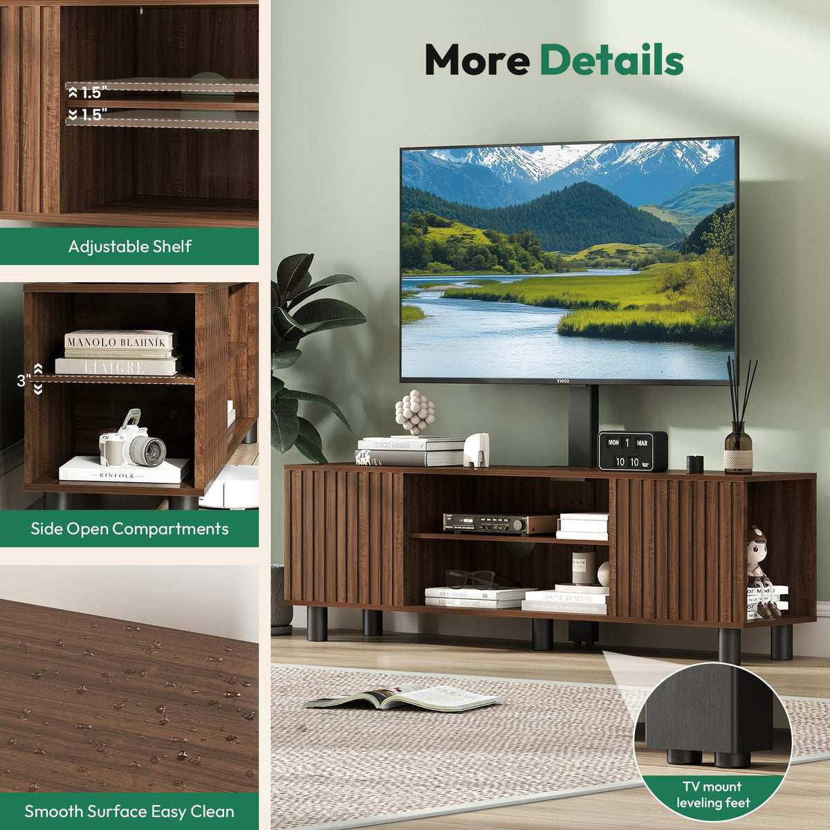 Walnut TV Stand with Mount for 65-75 Inch TV A9007