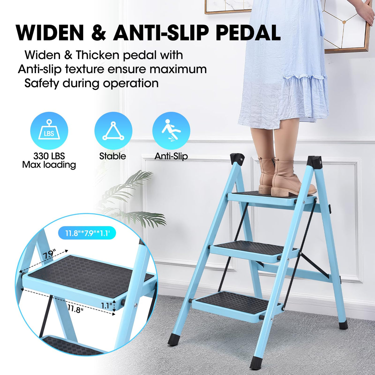 Folding Aluminum 3 Step Ladder 330 LBS Capacity Blue T1019