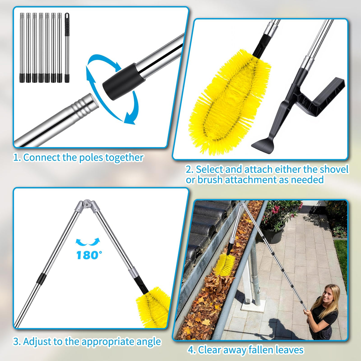 13FT Adjustable Gutter Cleaning Brush Kit with Shovel W841