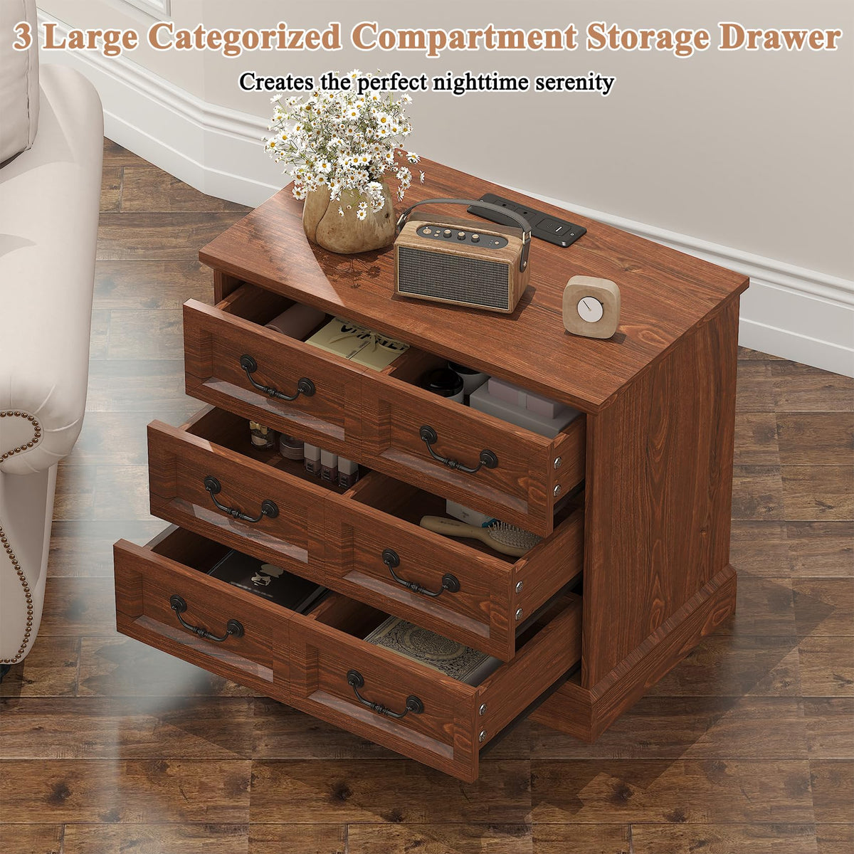 Cherry Wood Nightstand with Charging Station Y968669