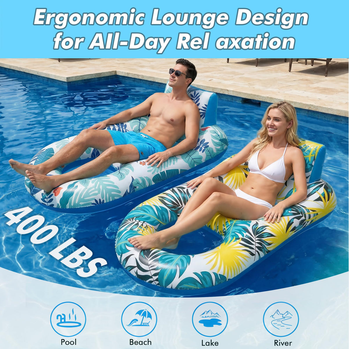 2 Pack Adult Pool Float Lounger with Cup Holders X23277
