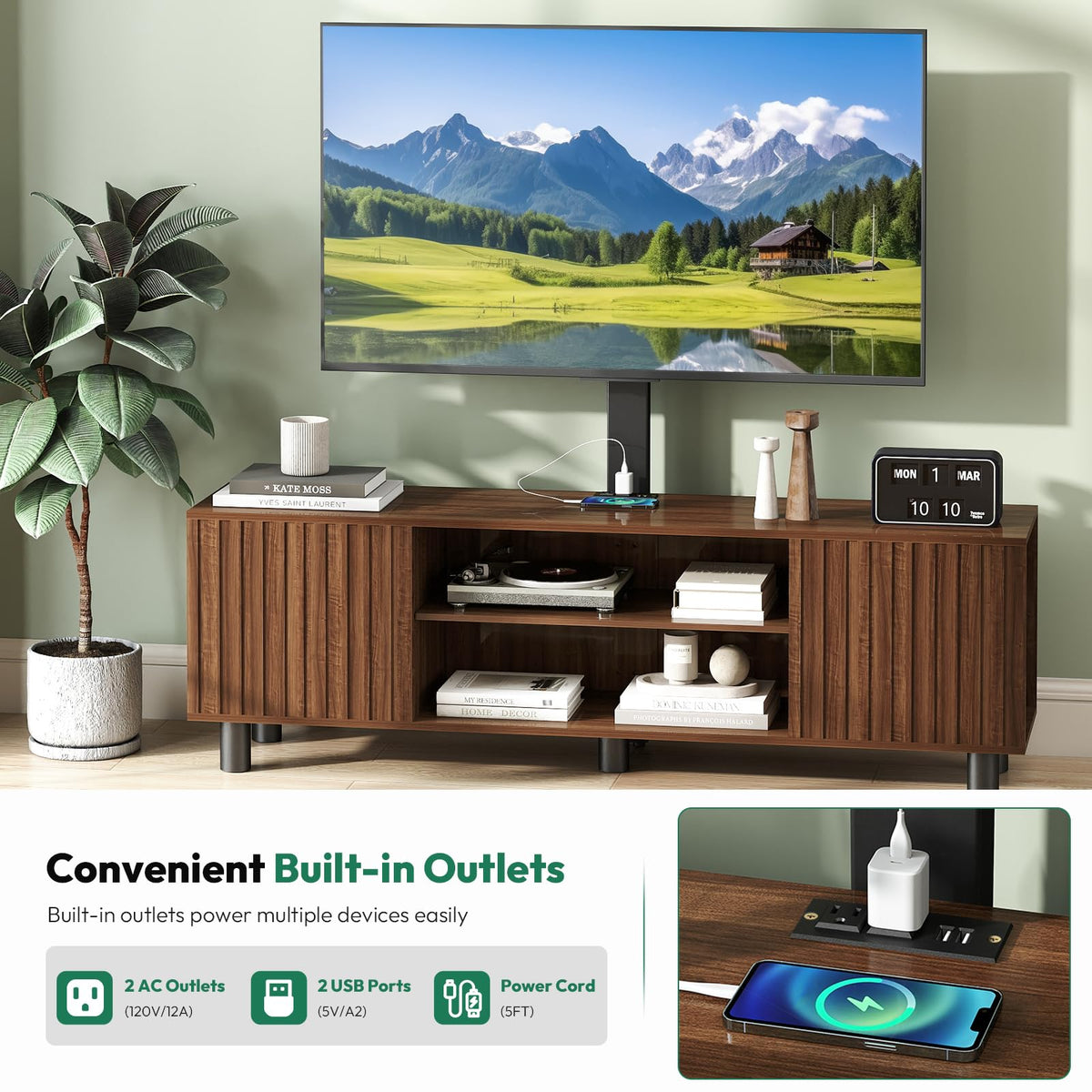 Walnut TV Stand with Mount for 65-75 Inch TV A9007