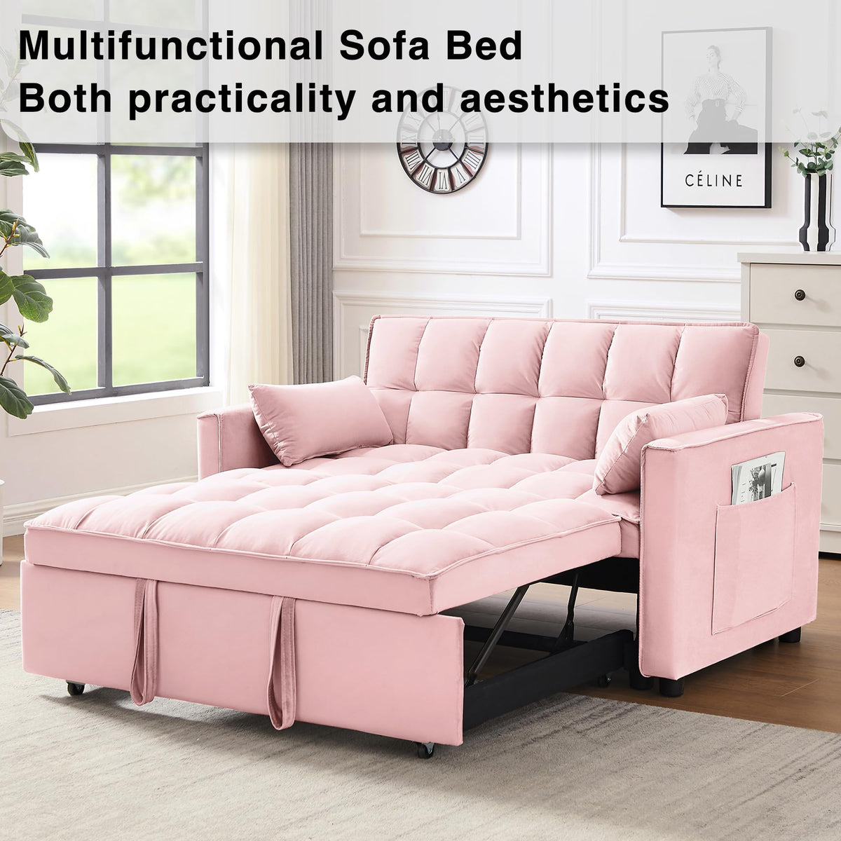 3 in 1 Convertible Sleeper Sofa Bed Velvet Pink S6397