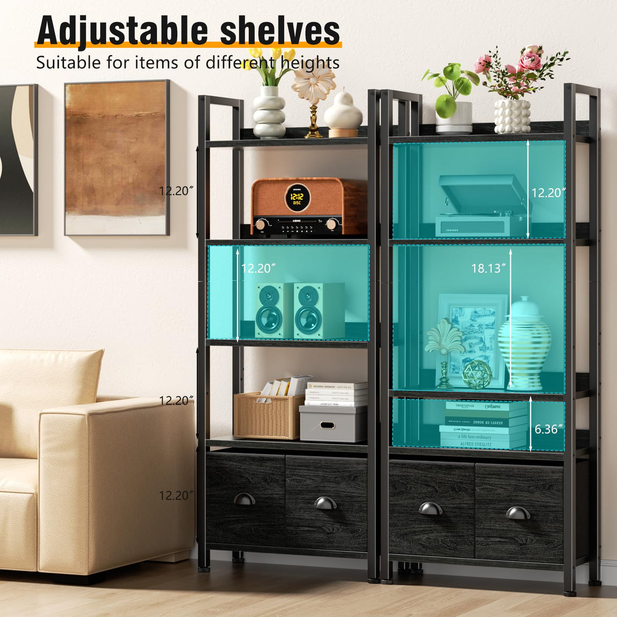 5-Tier Black Oak Bookshelf with 2 Storage Drawers B8306