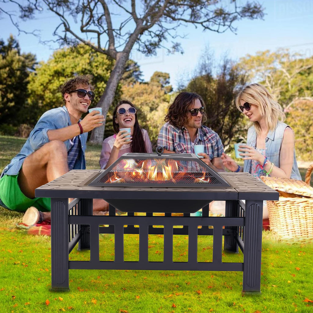 32 Inch Metal Square Outdoor Wood Burning Fire Pit Table R90920