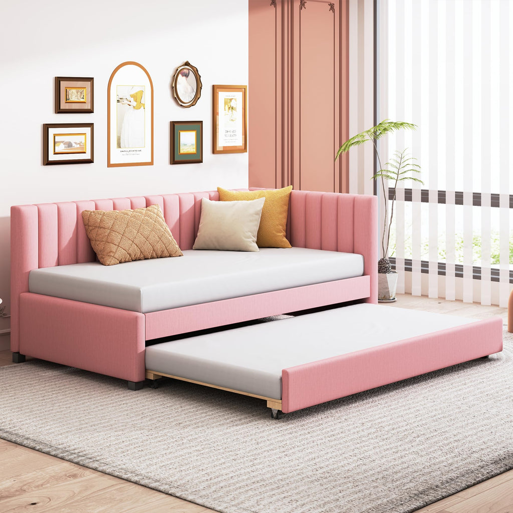 Pink Linen Fabric Twin Size Daybed with Trundle I98301