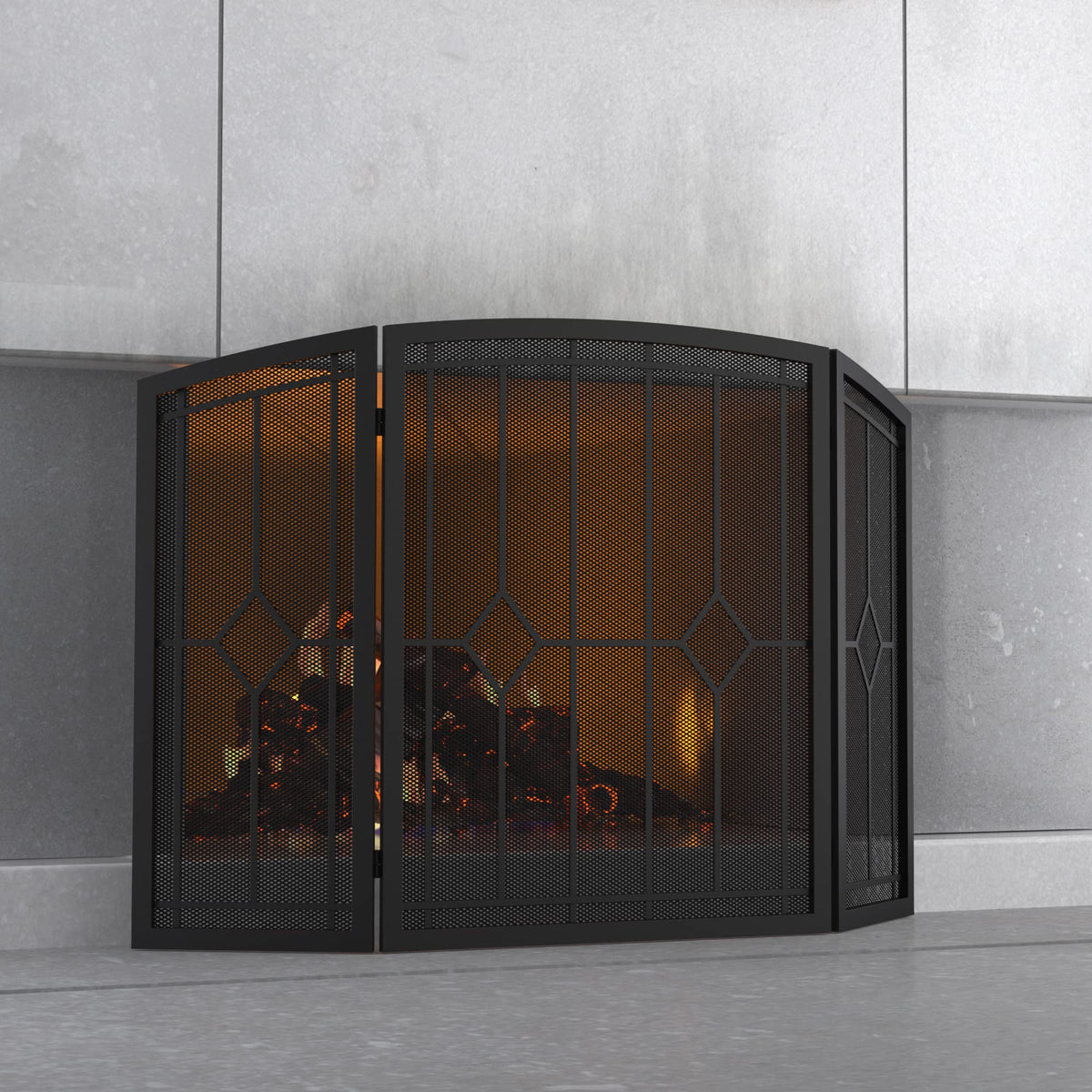 Wrought Iron Fireplace Screen 48"x30" Black Spark Guard E128694