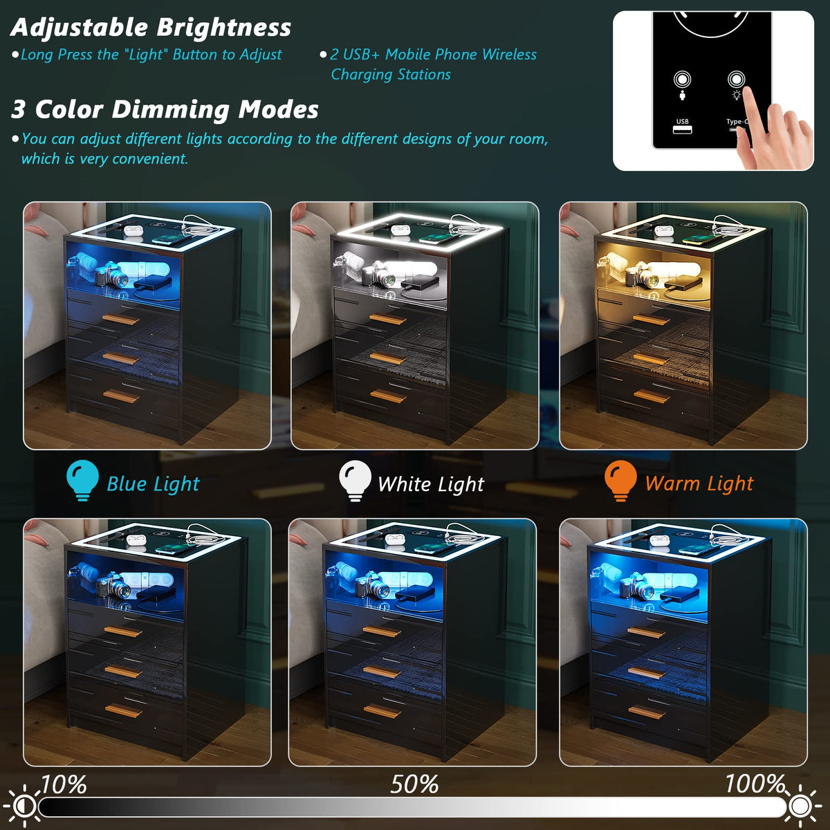 Black High Gloss Nightstand with Wireless Charging Station C615