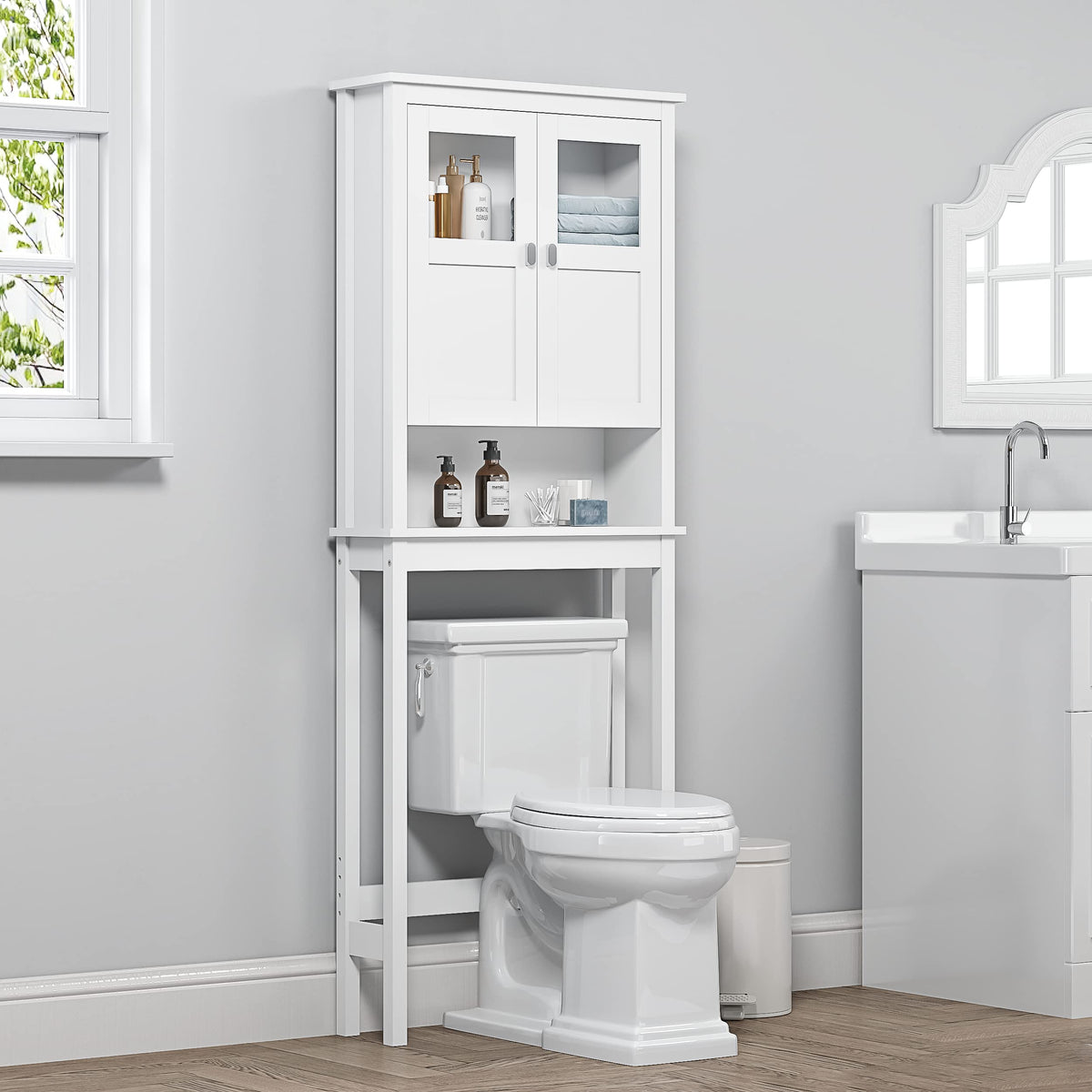 White Over the Toilet Storage Cabinet with Glass Doors C75761