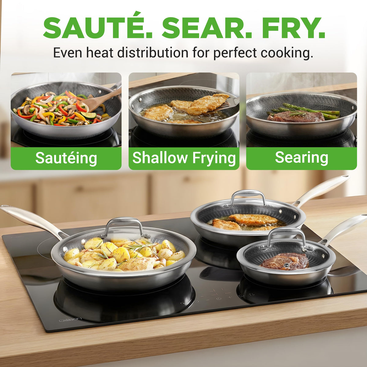 7-Piece Tri-Ply Stainless Steel Frying Pan Set & Wok U172357