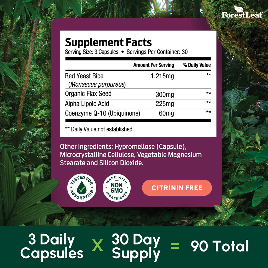 Red Yeast Rice 1215 mg CoQ10 Alpha Lipoic Acid Flaxseed 90 Capsules V691