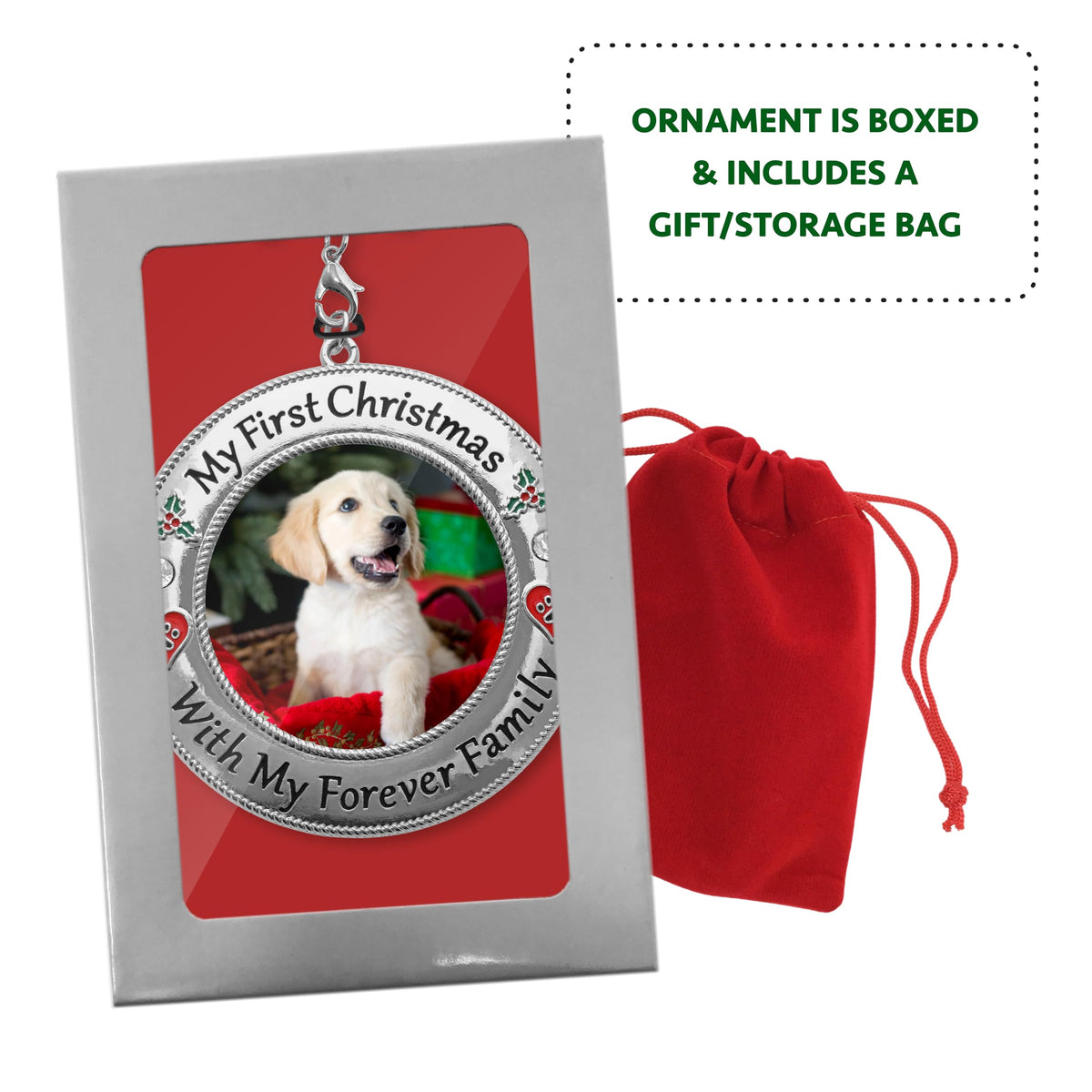 Dog Photo Ornament with Red Heart, 3 Inch D2158