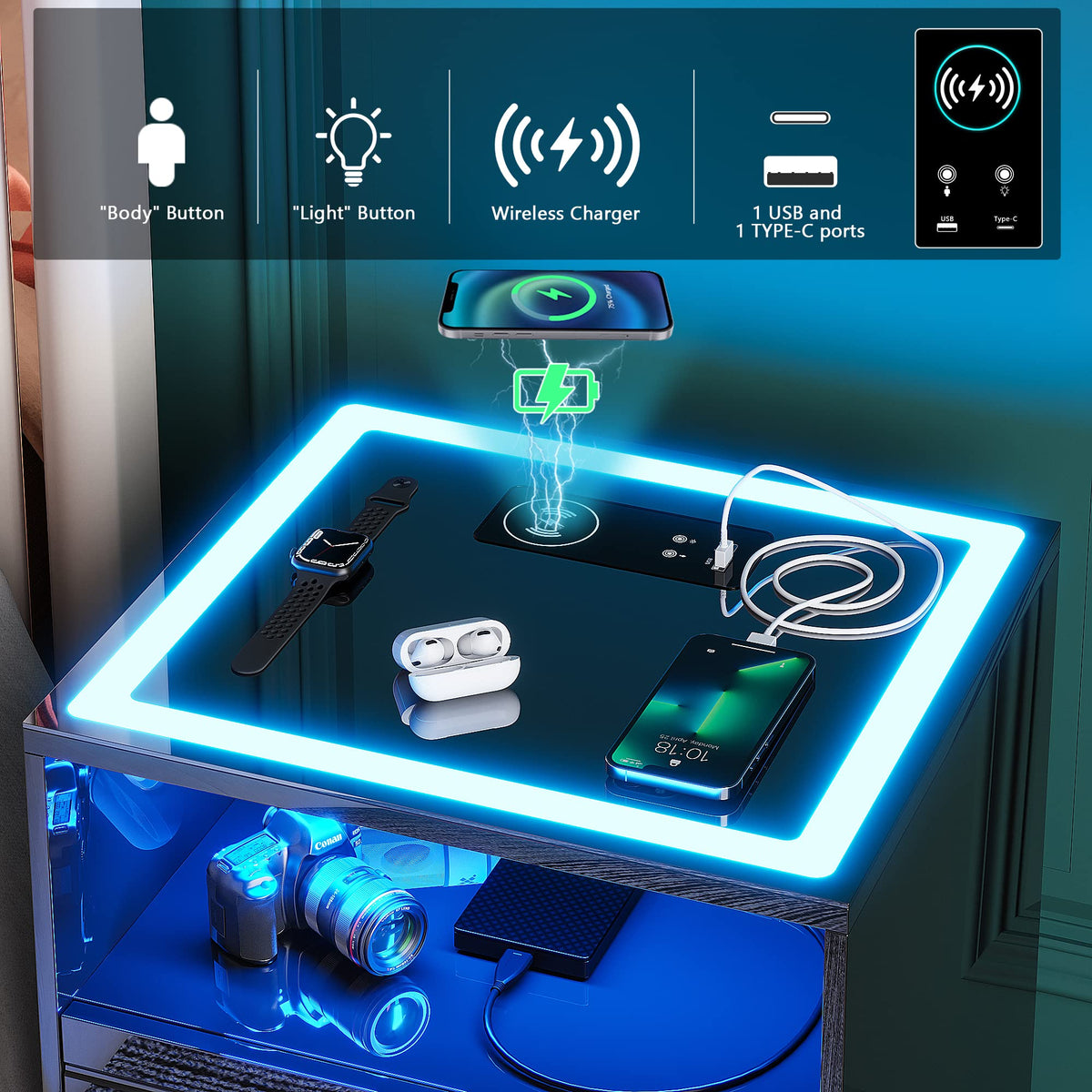 Black High Gloss Nightstand with Wireless Charging Station C615