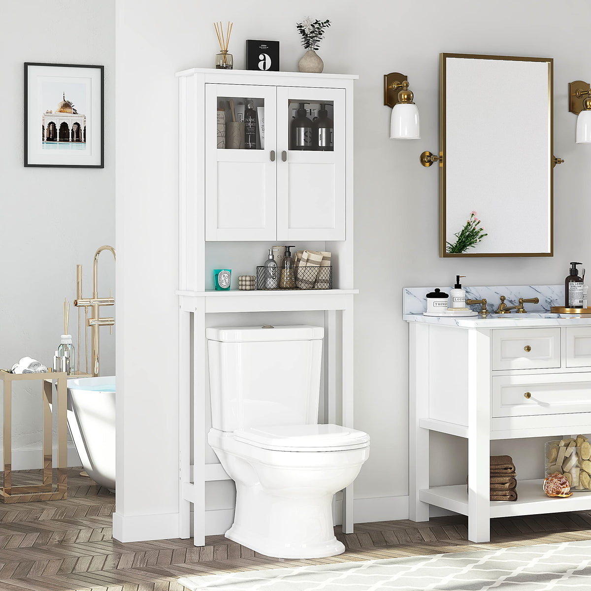 White Over the Toilet Storage Cabinet with Glass Doors C75761