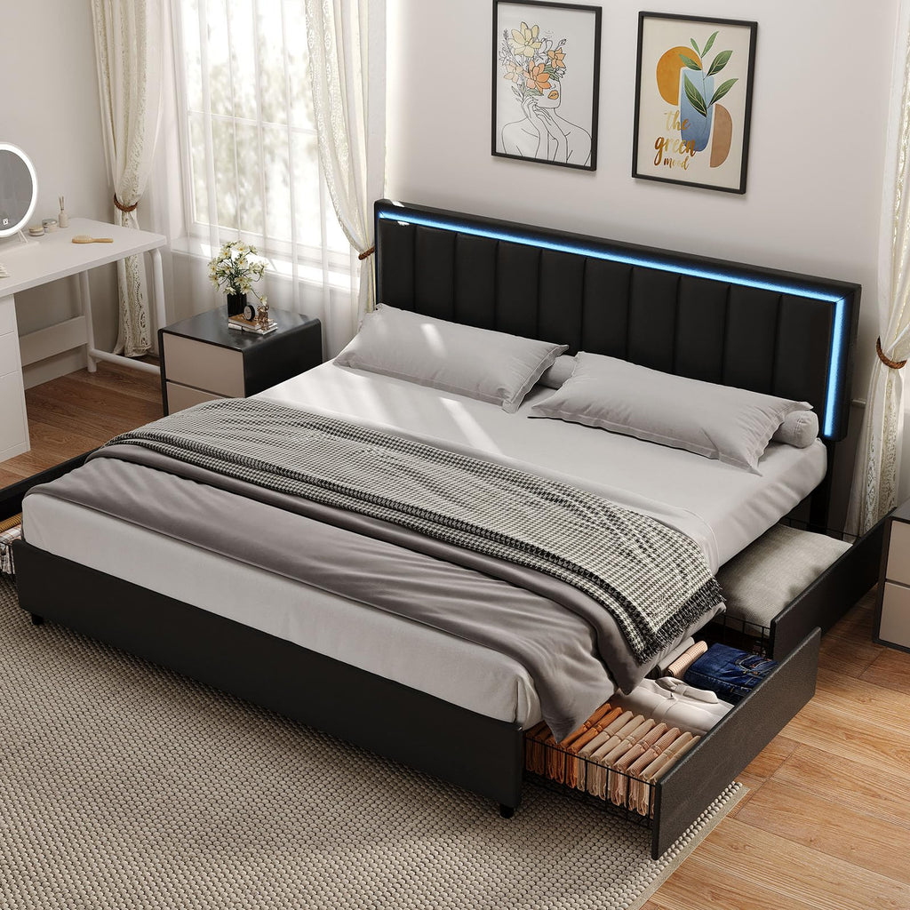 Black Full Size Upholstered Bed Frame with 4 Drawers and LED Lights V978