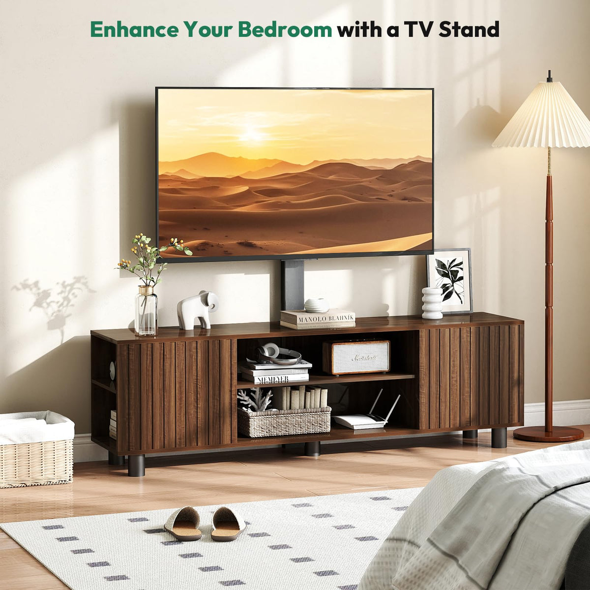 Walnut TV Stand with Mount for 65-75 Inch TV A9007