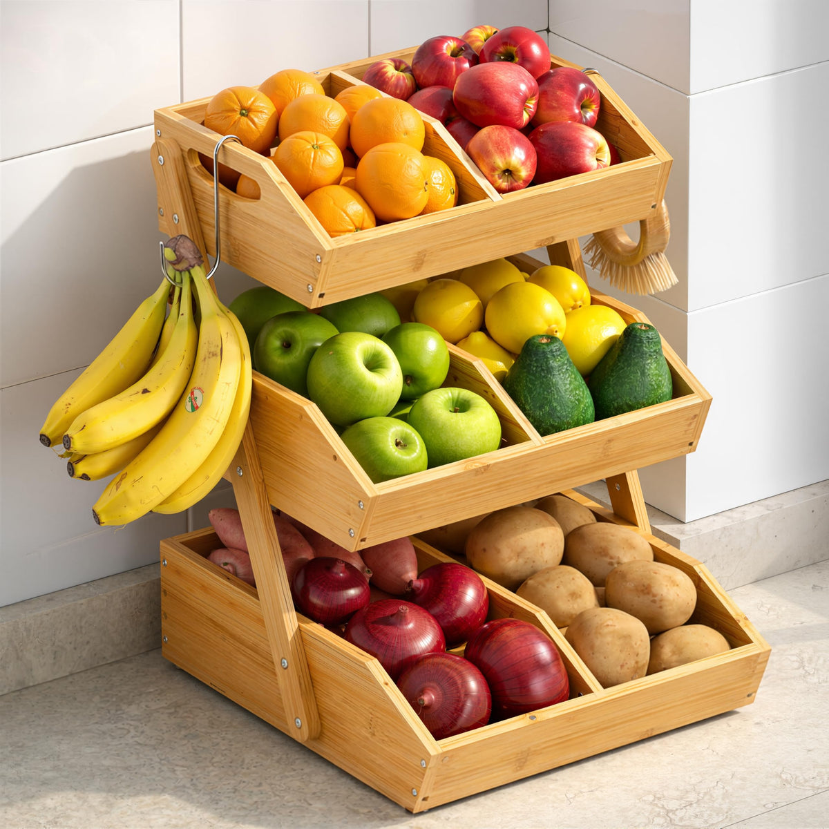 3-Tier Bamboo Fruit Basket with 2 Banana Holders R394