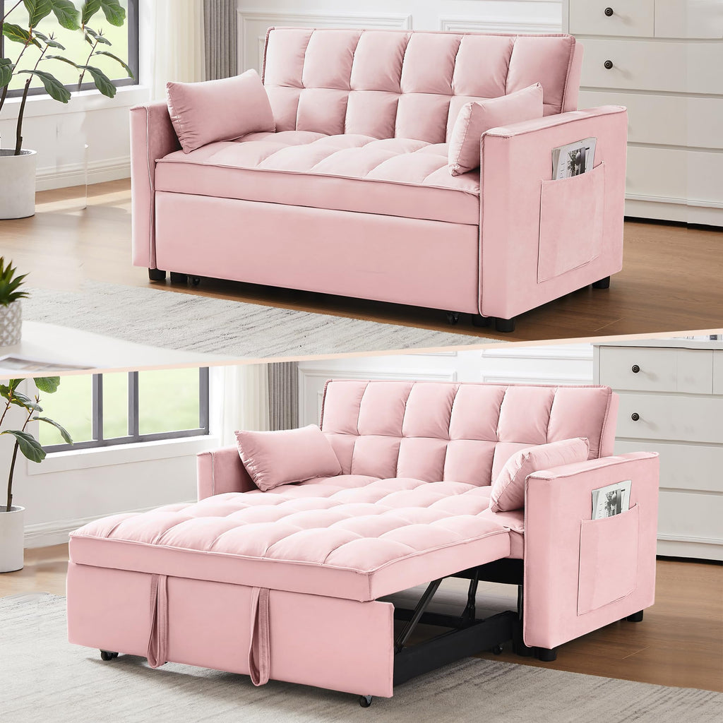 3 in 1 Convertible Sleeper Sofa Bed Velvet Pink S6397