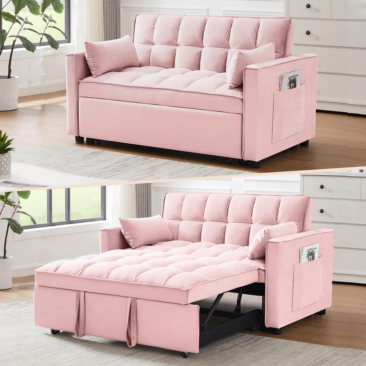 3 in 1 Convertible Sleeper Sofa Bed Velvet Pink S6397